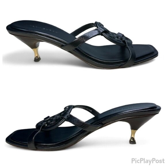 TORY BURCH Miller Bombé Embossed Logo Gold Kitten Heeled Sandal, Black, Size 6 - Picture 14 of 16